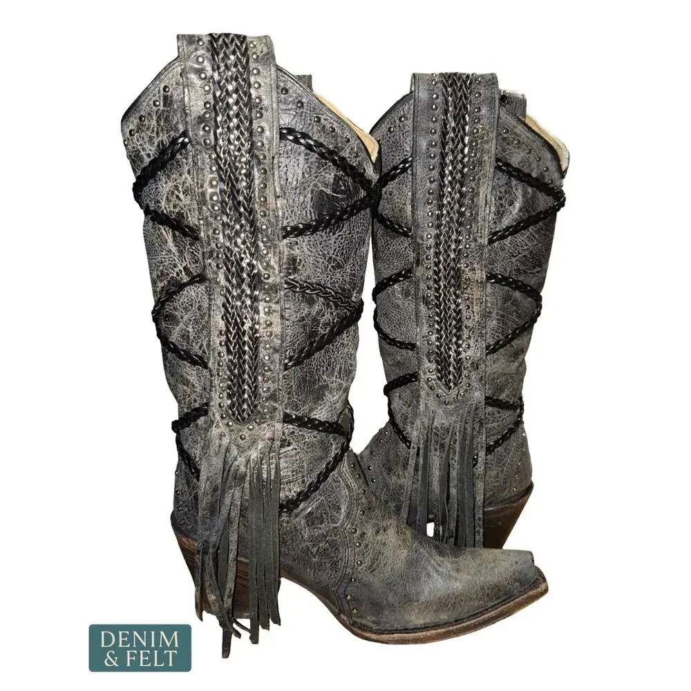 NEW Corral Brittney Fringe Braided Snip Toe Western Cowgirl Boots Grey‎ Black 6